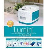 Packaging graphic for the Lumin sanitizing device, showing the UV-C light feature and compatible personal items