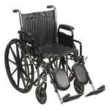 Photograph of the Silver Sport 2 wheelchair from a three-quarter angle, with elevating leg rests extended