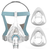 The assembled Vitera Fit Pack mask beside two loose alternate seal sizes, ready to swap