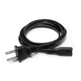 Coiled black AC power cord with the two-prong wall plug at left and the figure-8 C7 connector at right