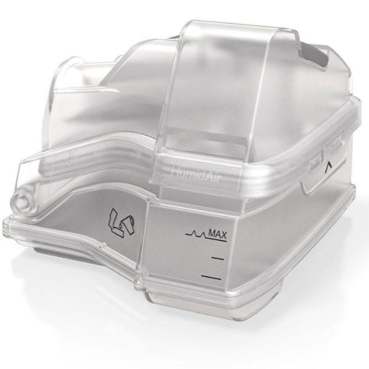 Photograph of the sealed ResMed HumidAir standard water tub, closed lid, front angle