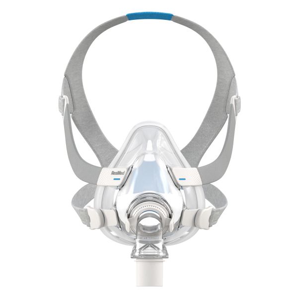 ResMed AirFit F20 full face CPAP mask front view showing silicone cushion seal and headgear with blue accents