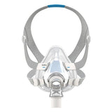 ResMed AirFit F20 full face CPAP mask front view showing silicone cushion seal and headgear with blue accents