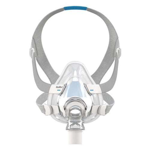ResMed AirFit F20 full face CPAP mask front view showing silicone cushion seal and headgear with blue accents