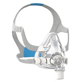 Front view of AirFit F20 full face mask with complete gray headgear assembly and blue comfort pads on mannequin