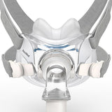 Front close-up of the AirFit F30 UltraCompact cushion showing the QuietAir elbow and magnetic clips