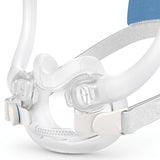 Close-up of the AirFit F30i UltraCompact cushion and the magnetic lower clips where the headgear meets the frame