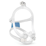 Angled view of the ResMed AirFit F30i full face mask with fabric headgear and the tube leaving overhead