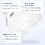 ResMed AirFit N20 nasal cushion callout diagram labeling the firm clip ring, soft looped membrane and the name on the shell