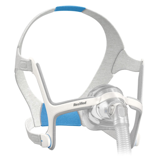 Front view of the ResMed AirFit N20 with plush headgear, magnetic clips and InfinitySeal cushion