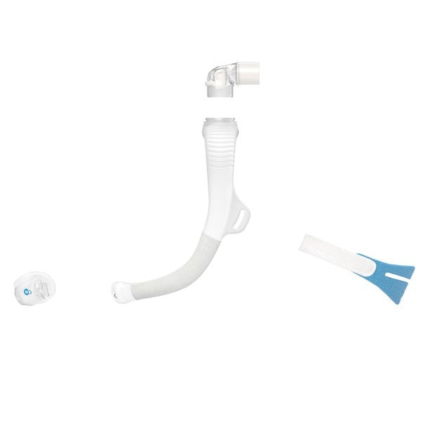 The AirFit N30i separated into its four parts: cradle cushion, SpringFit frame, elbow and headgear