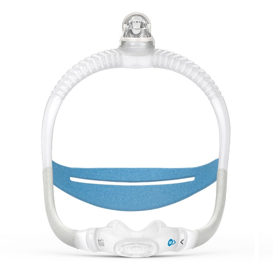 Front view of the AirFit N30i nasal cradle mask showing the blue headgear strap and top mounted swivel elbow