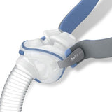 Front view of the ResMed AirFit P10 frame with QuickFit headgear against a plain white background