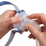 Close-up product shot of the AirFit P10 dual-wall nasal pillows and the lightweight frame that carries them