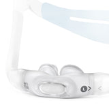 Close-up of the AirFit P30i Large cushion clipped onto the mask frame with the headgear strap attached