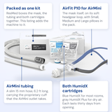 Callout diagram of the AirMini P10 bundle contents, labelling the mask pack box, the AirFit P10 for AirMini, the AirMini tubing and both HumidX cartridges
