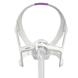 Front view of the ResMed AirTouch N20 For Her nasal mask, showing the lavender headgear strap and clips