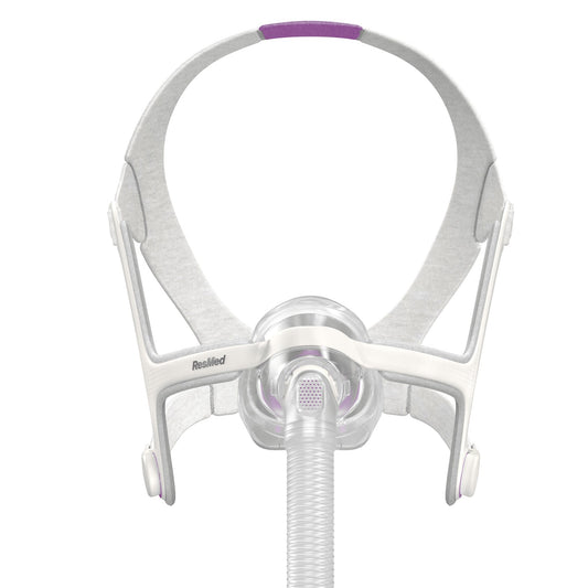 Front view of the ResMed AirTouch N20 For Her nasal mask, showing the lavender headgear strap and clips