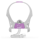 Front view of the AirTouch N20 For Her showing the lavender ResMed panel, gray straps and Flexi-Tube
