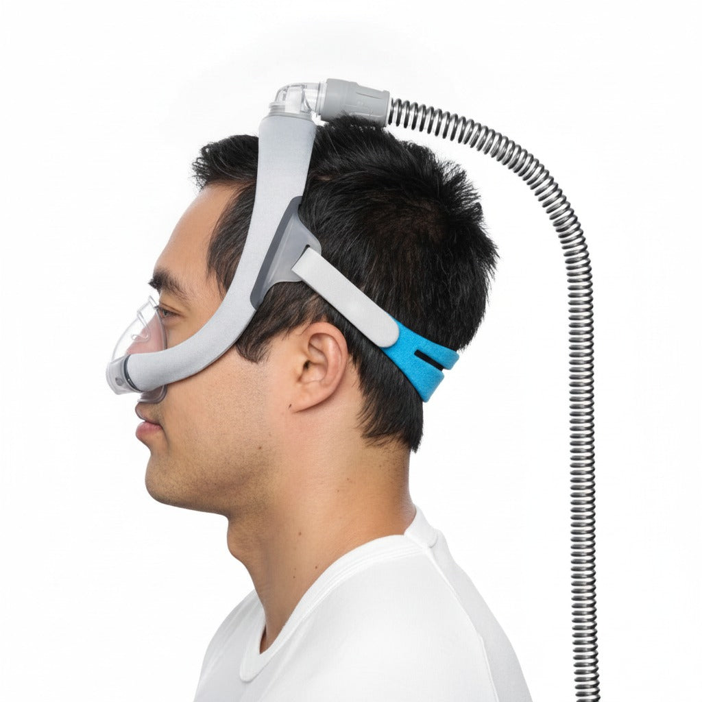 A man wearing the ResMed AirTouch N30i nasal mask, adjusting the headgear straps for fit