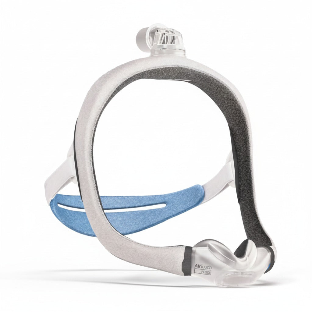 The ResMed AirTouch N30i nasal mask assembled, three-quarter view showing the fabric wrapped frame and cushion
