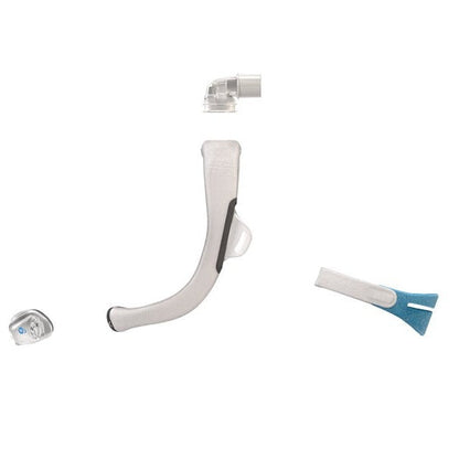 The ResMed AirTouch N30i separated into its four parts: nasal cushion, fabric wrapped frame, elbow and headgear