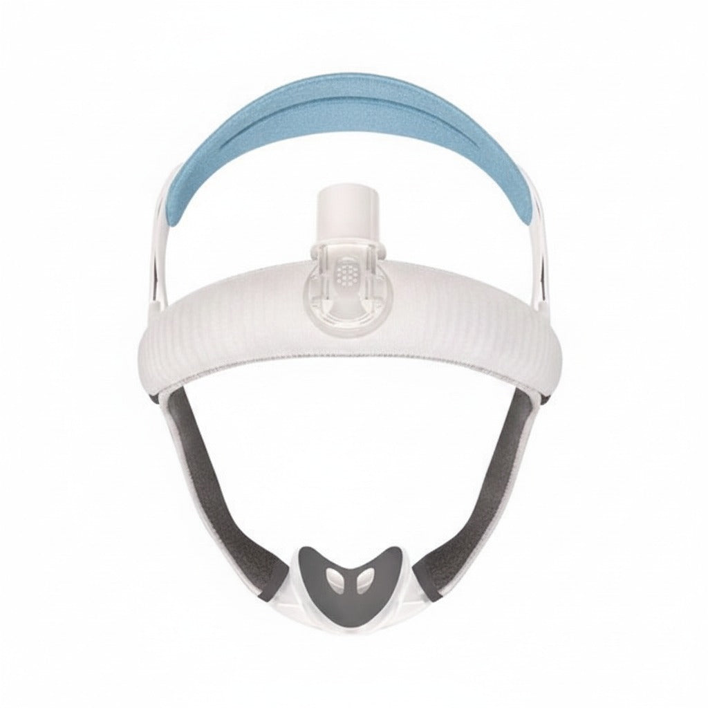 Top-down view of the ResMed AirTouch N30i assembled mask, showing the headgear crown strap and elbow at the top of the frame