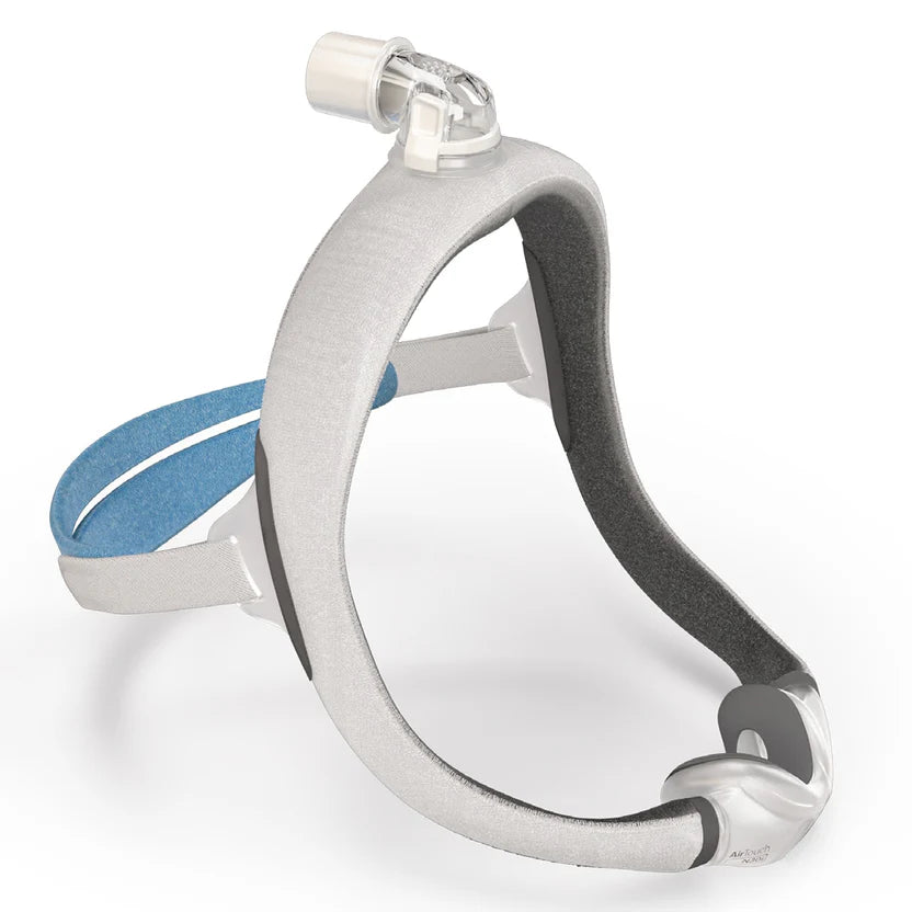 Angled view of the ResMed AirTouch N30i showing the fabric wrapped frame and the elbow at the crown