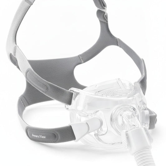 Amara View full face mask at an angle, showing the frame arms running out to the sides of the face