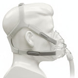 The Amara View full face mask fitted to a mannequin head, seen from the side with the tube attached
