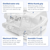 Callout diagram of the ResMed HumidAir 11 standard water tub, naming the distilled water marking, the white thumb grip, the fill line and the 11 mark