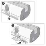 Two-step line drawing of the AirSense 11 filter cover opening and a fresh filter being set into it
