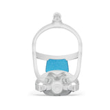 Front view of the ResMed AirTouch F30i Clear full face mask with its clear frame, top-of-head elbow and ComfiSoft cushion