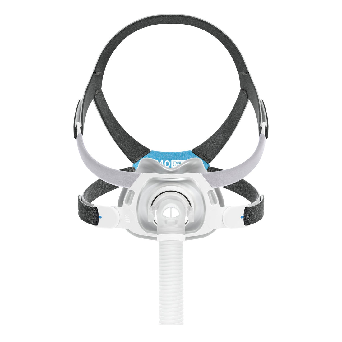 Front view of the ResMed AirTouch F40 full face mask with its headgear, compact frame, elbow and short tube