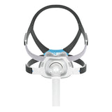Front view of the ResMed AirTouch F40 full face mask with its headgear, compact frame, elbow and short tube