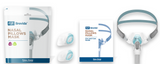 Brevida Fit Pack contents laid out: retail pouch, both seal sizes, use guide and the assembled mask