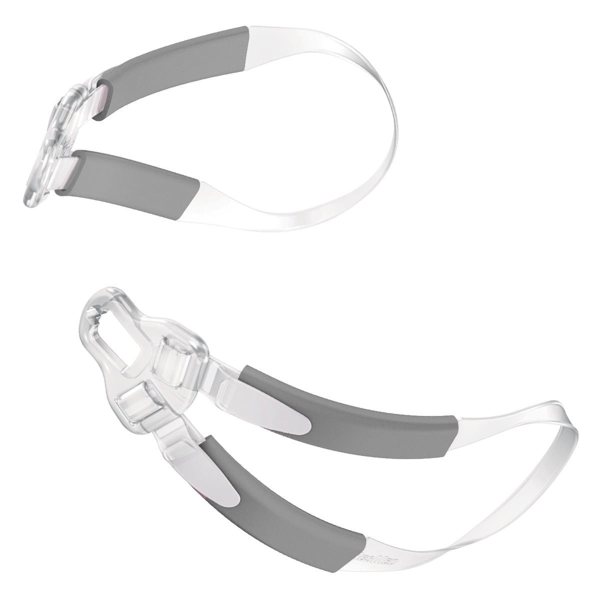 A pair of ResMed Bella loops in gray on white, clear silicone with gray padded sections