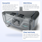 Callout diagram of the DreamStation 2 water tank with lid labeling the domed lid, MAX fill line and clear tank body