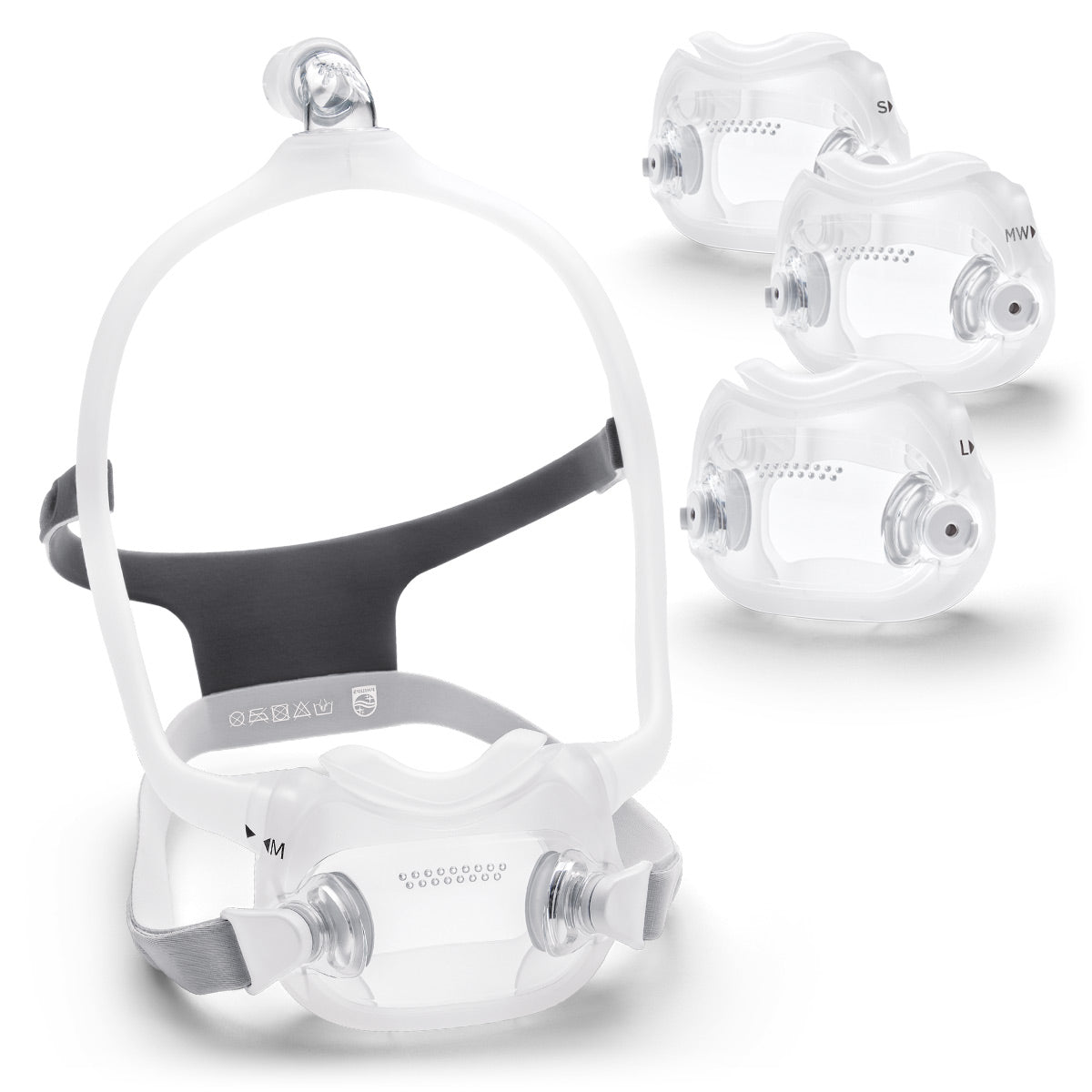 The DreamWear Full Face mask beside all four cushion sizes, labelled Small, Medium, Medium Wide and Large