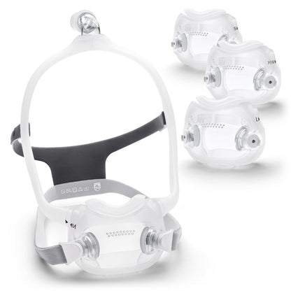 The DreamWear Full Face mask beside all four cushion sizes, labelled Small, Medium, Medium Wide and Large