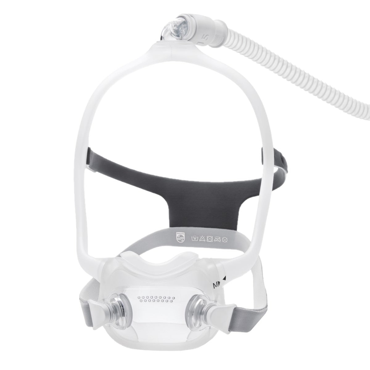 Philips DreamWear Full Face mask assembled with tubing attached, showing the hollow frame arms and under-nose cushion
