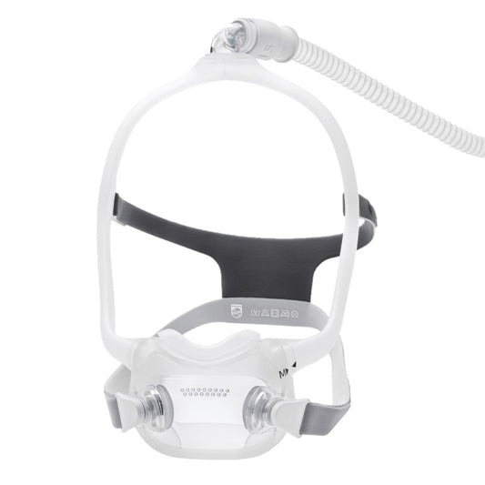 Philips DreamWear Full Face mask assembled with tubing attached, showing the hollow frame arms and under-nose cushion
