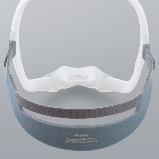 DreamWear headgear fitted to a frame, the padded band low at the back and straps looped over each arm