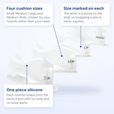 DreamWear pillows fit pack callout diagram: four cushion sizes, the size marking on each shell and one piece silicone