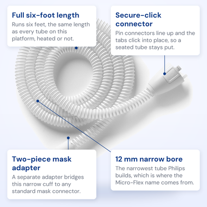 Philips DreamStation 2 heated Micro-Flex tube callout diagram showing the connector and mask adapter
