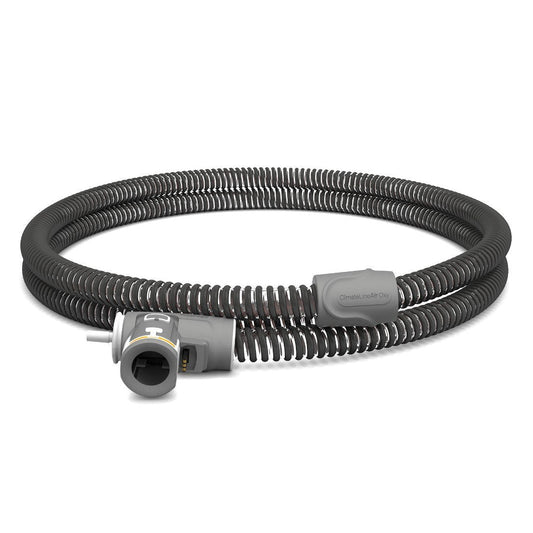 ResMed ClimateLineAir Oxy heated tube coiled on white, three quarter view of the oxygen inlet and machine cuff