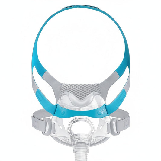 Fisher and Paykel Evora Full Face mask front view, showing the teal headgear and below-nose seal