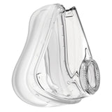 Front quarter view of the ResMed AirFit F10 and Quattro Air full face cushion, clear silicone with textured ring