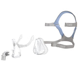 Exploded view of the ResMed AirFit F10 full face mask: elbow, frame, cushion and headgear laid out separately