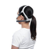 Photograph of a woman wearing the AirFit F40 seen from behind, showing where the headgear straps sit